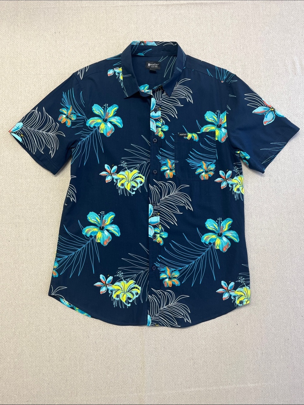 Matix Hawaiian Shirt Mens Medium Floral Palm Button Up Blue
